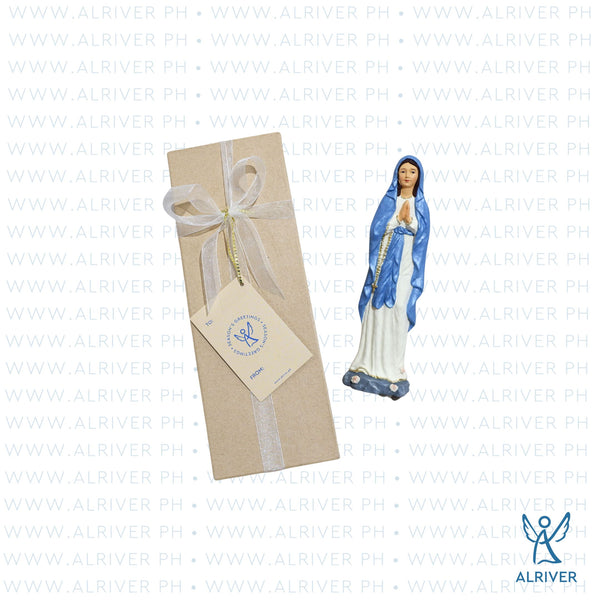 8" Our Lady of Lourdes Resin Figure with Gift Box , Light Blue