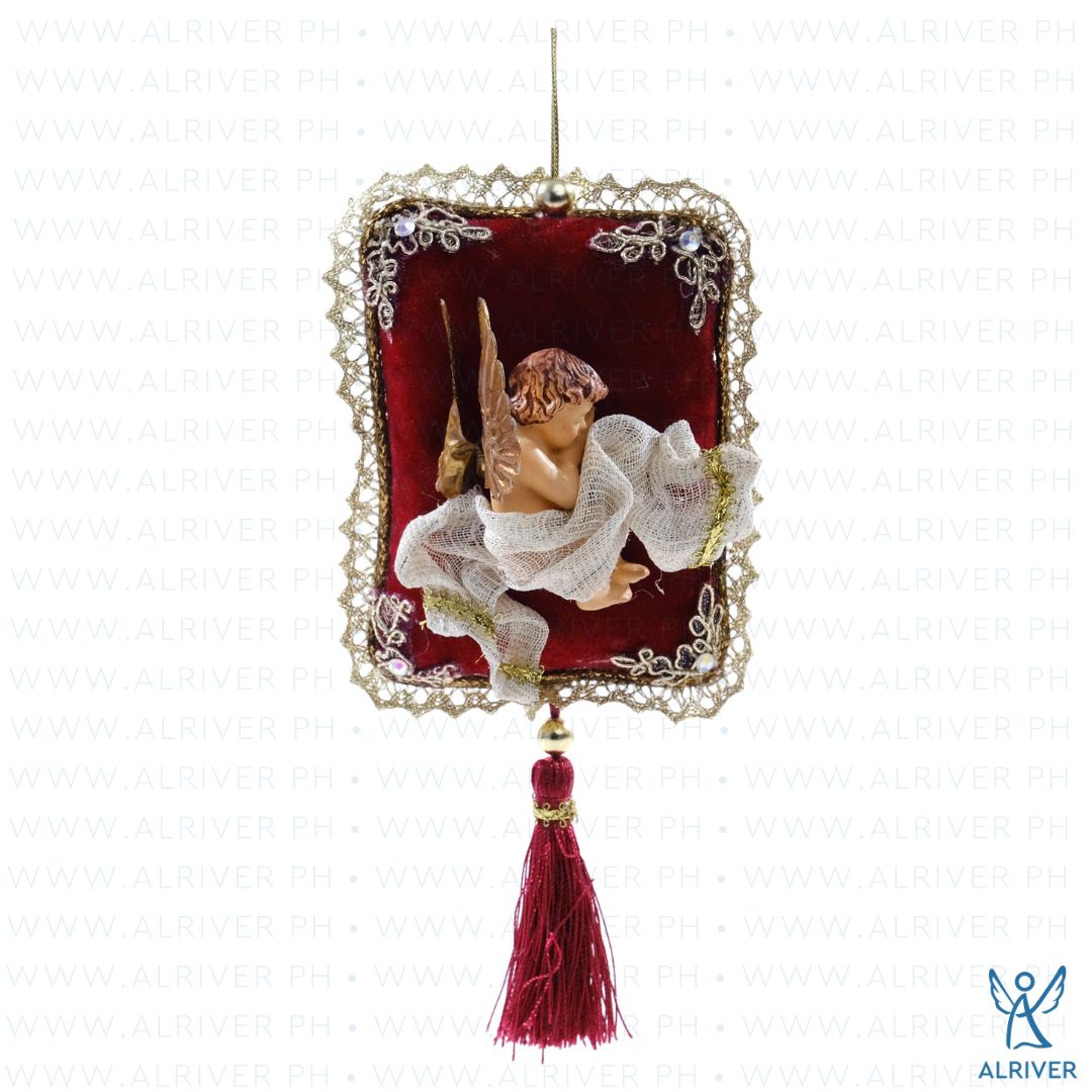 Evie Cherub Burgundy Gold Velvet Pillow Ornament