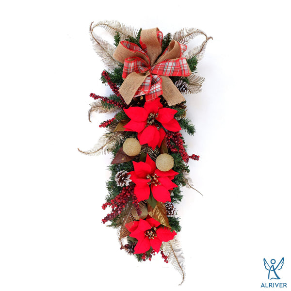 30"L STEFANIE, TEARDROP SWAG WITH POINSETTIA, RED
