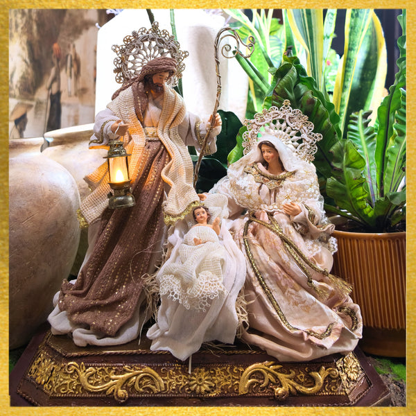 10" MATTEO HOLY FAMILY ON ORNATE WOOD AND METAL BASE,  BEIGE PEACH GOLD (LAMP WITH LIGHT)