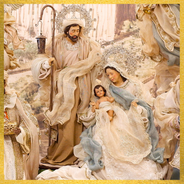 30" LORENZO HOLY FAMILY ON WOOD CARVING BASE, BEIGE PASTEL