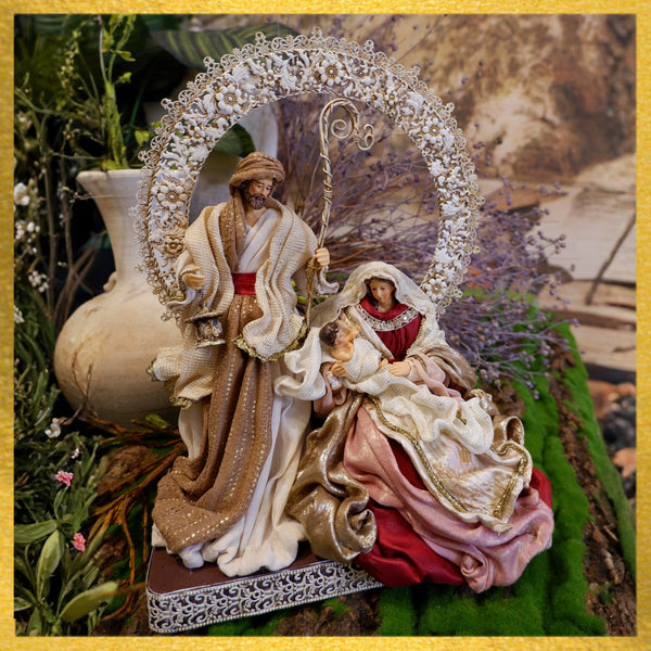 15"H ESPERANZA HOLY FAMILY WITH METAL HALO AND BASE, PINK BURGUNDY GOLD