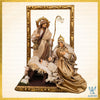 12" ALEJANDRO HOLY FAMILY WITH ORNATE WOOD FRAME & BASE,  GOLD