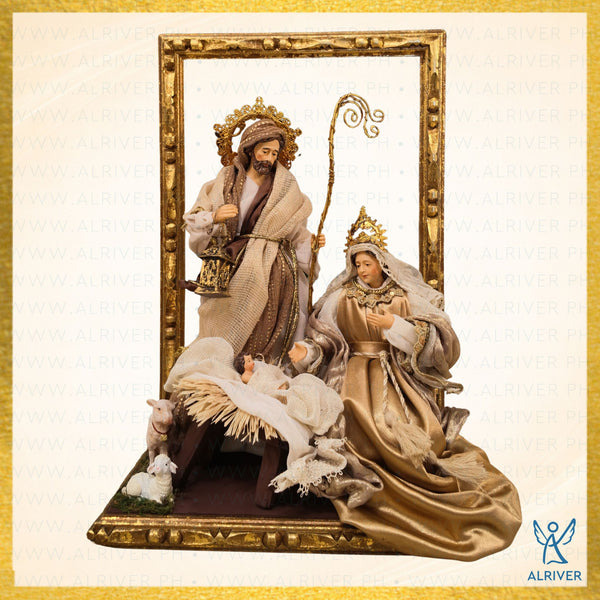 12" ALEJANDRO HOLY FAMILY WITH ORNATE WOOD FRAME & BASE,  GOLD