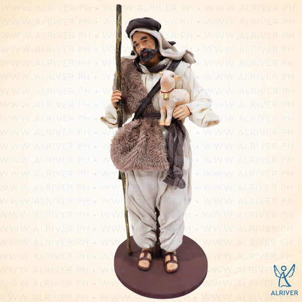 14" Standing Shepherd with Sheep, Beige Brown