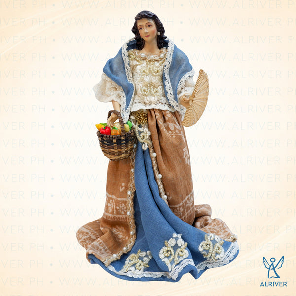 14" Filipiniana with Vegetable Basket & Native Pamaypay, Blue with Brown Floral Fabric