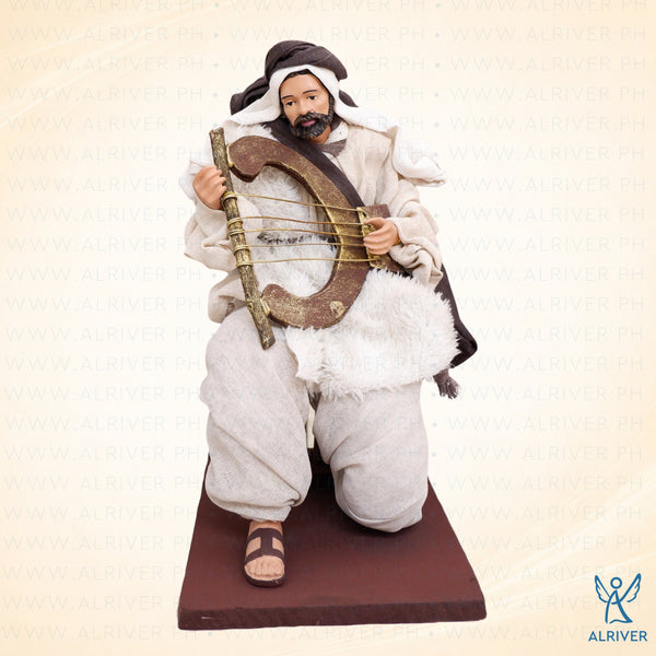 14" Kneeling Shepherd with Harp, Beige Brown