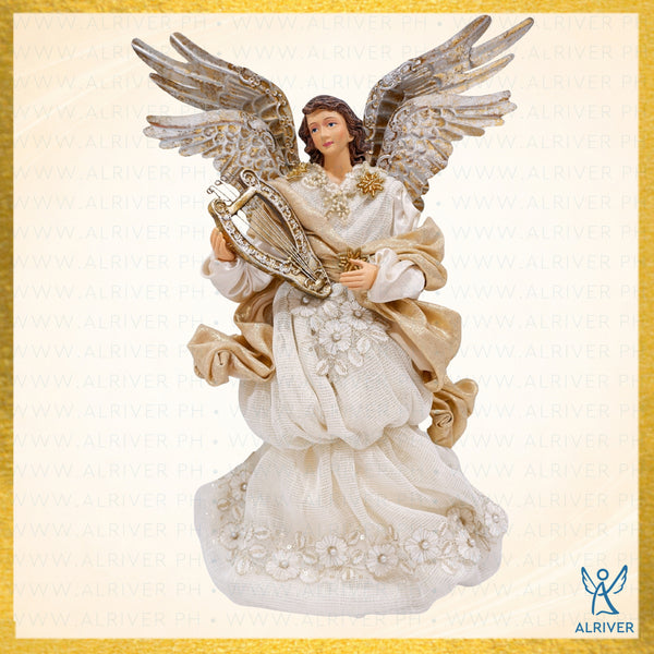 14" DIVINA CHRISTMAS  ANGEL WITH LYRE, BEIGE NATURAL