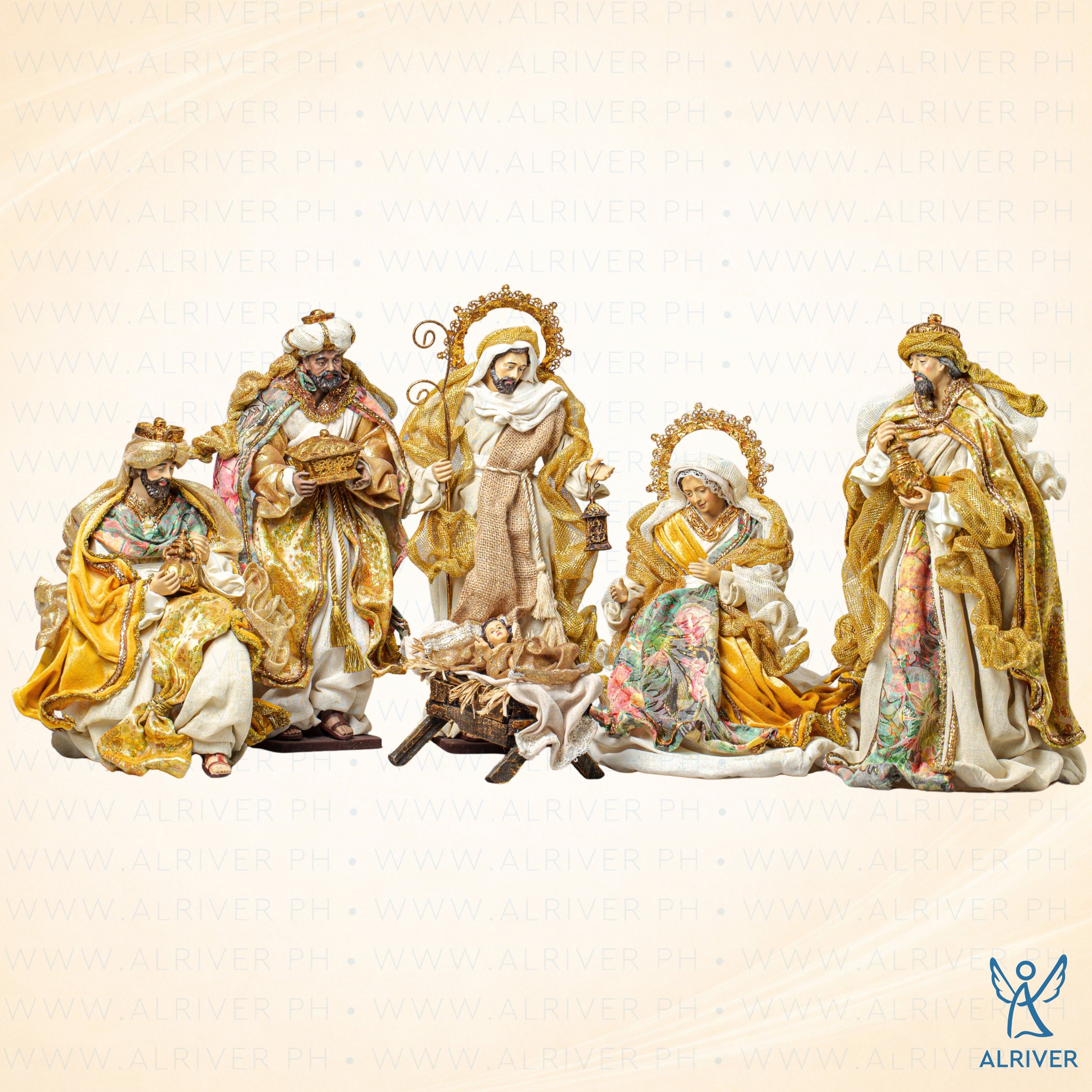 14.5 Sienna Nativity Set, Beige Mustard Yellow with Floral Fabrics