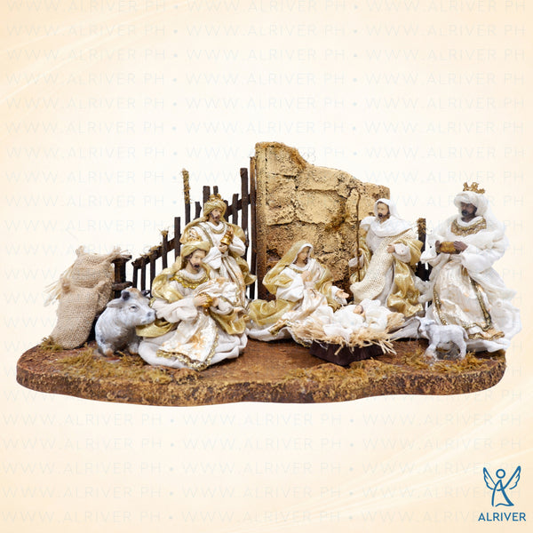 6.5" Simeon Nativity Set of 6  on Backdrop, Beige Gold