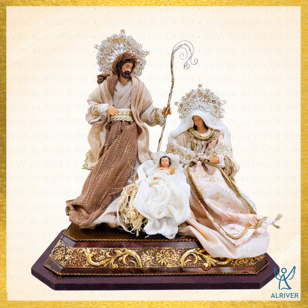 10" MATTEO HOLY FAMILY ON ORNATE WOOD AND METAL BASE,  BEIGE PEACH GOLD (LAMP WITH LIGHT)