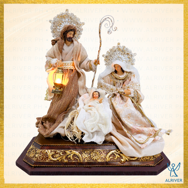 10" MATTEO HOLY FAMILY ON ORNATE WOOD AND METAL BASE,  BEIGE PEACH GOLD (LAMP WITH LIGHT)
