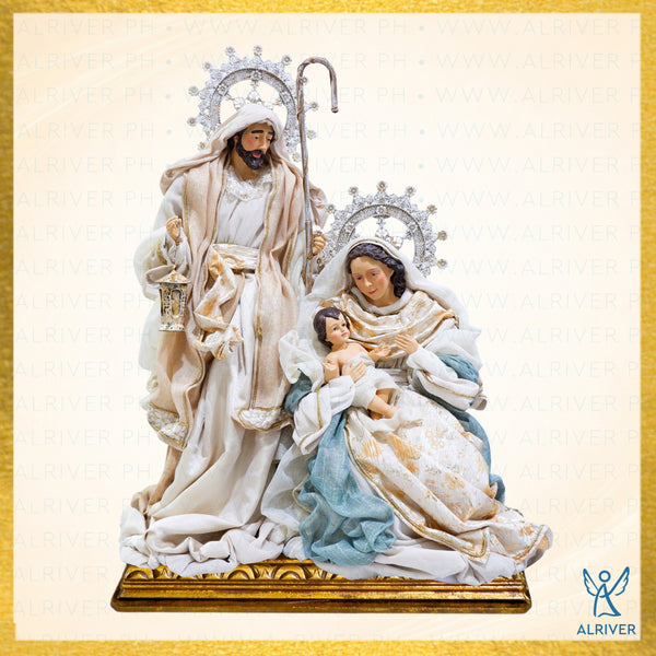 30" LORENZO HOLY FAMILY ON WOOD CARVING BASE, BEIGE PASTEL