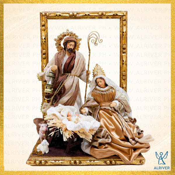 12" ALEJANDRO HOLY FAMILY WITH ORNATE WOOD FRAME & BASE,  GOLD