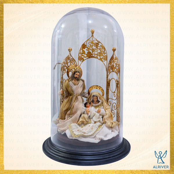 7" HOLY FAMILY WITH CATHEDRAL ON 35CM" FIBER GLASS DOME, BEIGE GOLD