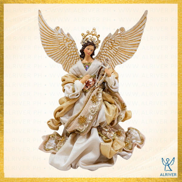 11" AUREA CHRISTMAS ANGEL WITH LYRE, BEIGE GOLD WITH WHITE WINGS