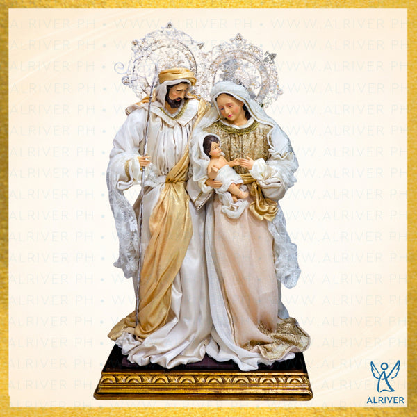 36"H CHRISTIANA STANDING HOLY FAMILY ON WOOD CARVED-BASE, BEIGE GOLD