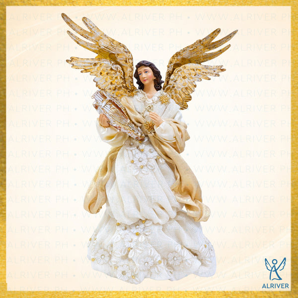 14" DIVINA CHRISTMAS  ANGEL WITH LYRE, BEIGE NATURAL