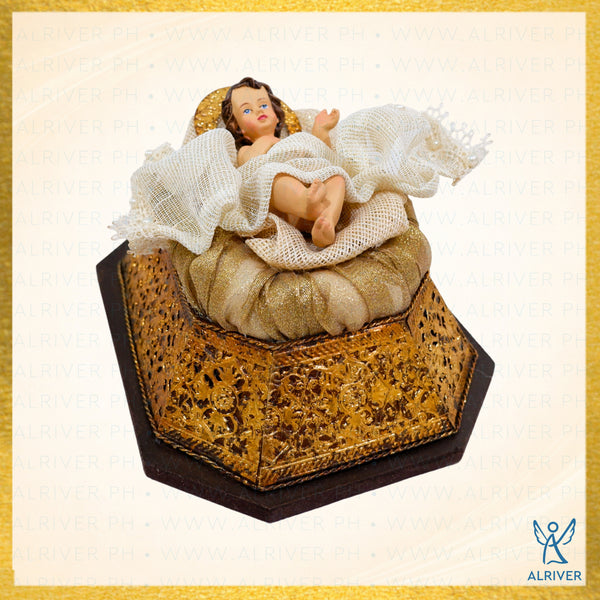 Santino Baby Jesus (10 cm) on Metal Platform Bed (5.5" H x 8" L x 6.5" W), Beige Gold