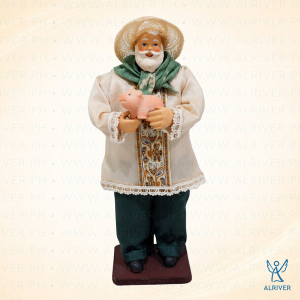 8" Standing Santa with Pig, Beige Green