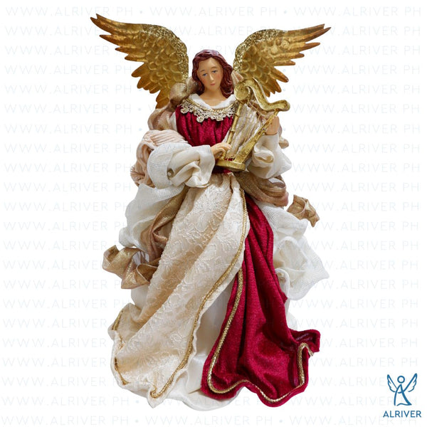 14" Gale Standing Angel with Harp, Beige Burgundy