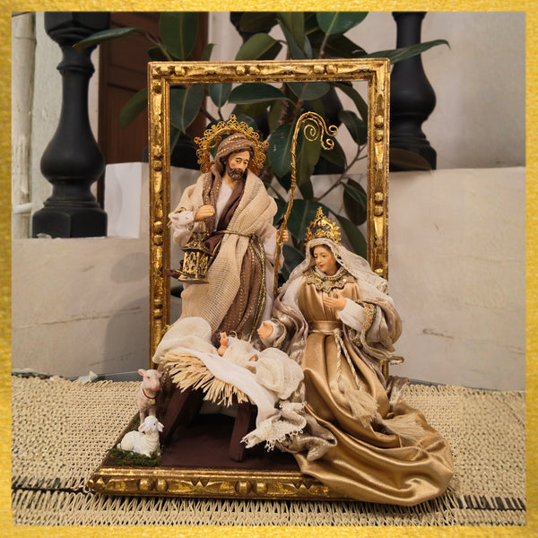 12" ALEJANDRO HOLY FAMILY WITH ORNATE WOOD FRAME & BASE,  GOLD