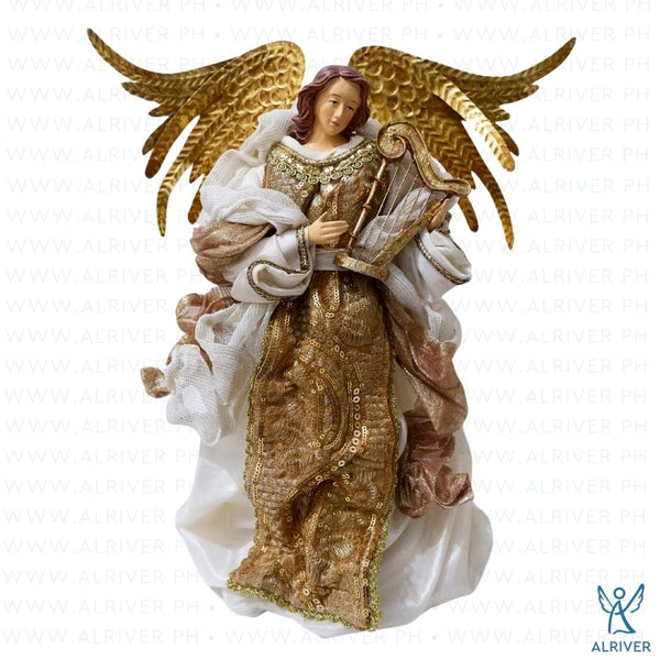 14" Gianna Standing Angel with Harp, Beige Gold