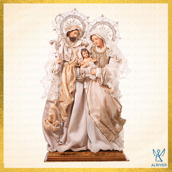36"H CHRISTIANA STANDING HOLY FAMILY ON WOOD CARVED-BASE, BEIGE GOLD