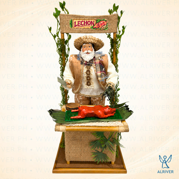 14" SANTA WITH LECHON, BEIGE BROWN
