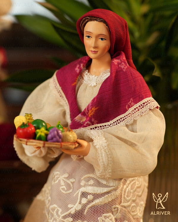 13" Josefa Filipiniana Lady on Wood Base with bilao of fruits