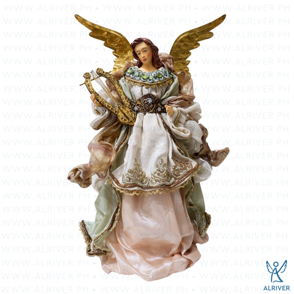 14" Emilia Standing Angel with Lyre, Pastel Green Pink