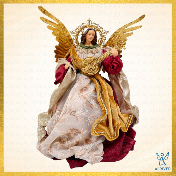 10" SINTA CHRISTMAS STANDING ANGEL WITH GUITAR, BEIGE BURGUNDY