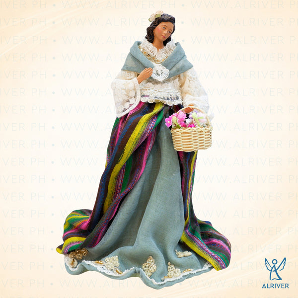 13" Filipiniana with Flower White Basket, Beige Green Multicolored