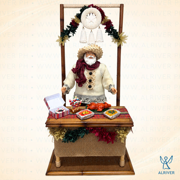 14" SANTA WITH NOCHE BUENA FEAST, BEIGE BROWN BURGUNDY