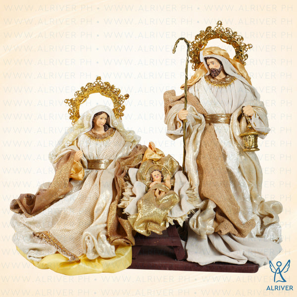 10" Savino Holy Family on Base, Beige Gold Brocade