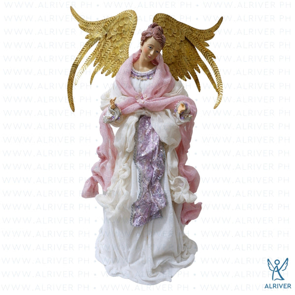 25" Elainne Standing Angel, White Pink with Sequined Lace