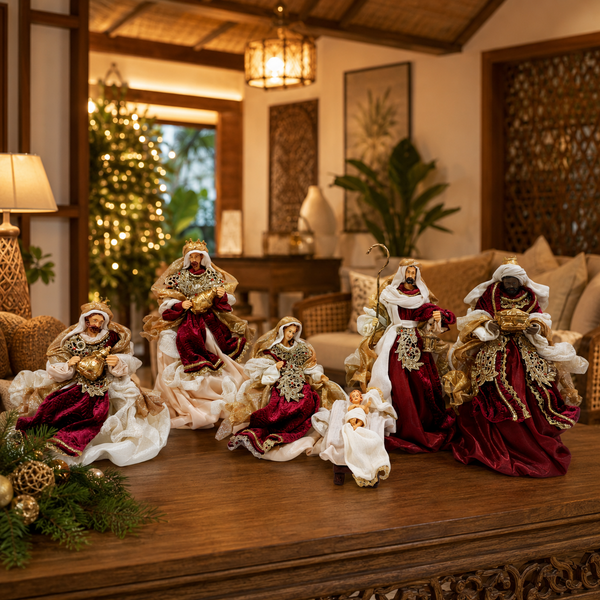 10" Mateo Nativity Set of 6, Beige Burgundy