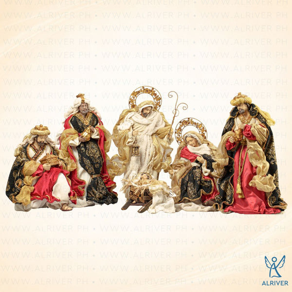 14.5" Armada Nativity Set of 6, Beige Burgundy with Black Brocade