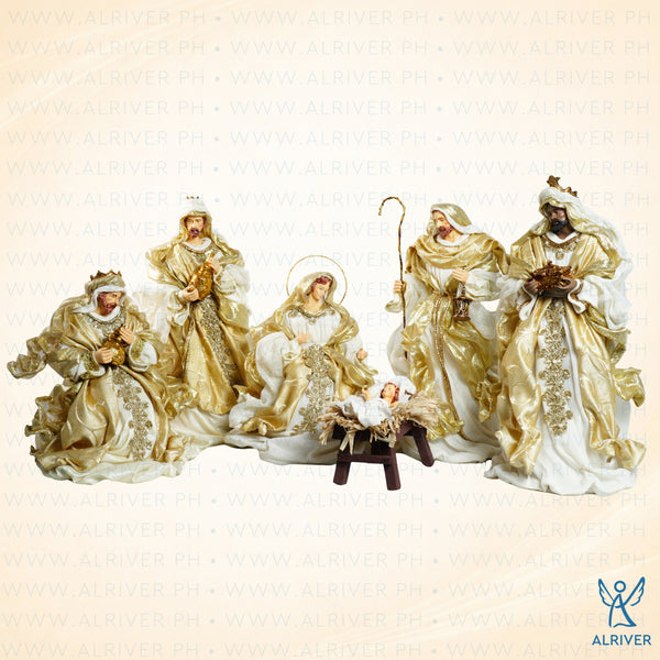 14" Carmelo Nativity Set of 6, Beige Gold