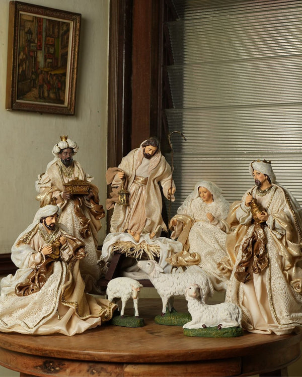 14" Mayumi  Nativity Set with Sheep, Beige