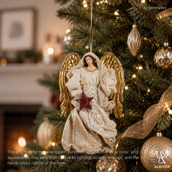 8" Clara Light Gold Christmas Angel with Resin Red Parol in Gift Box