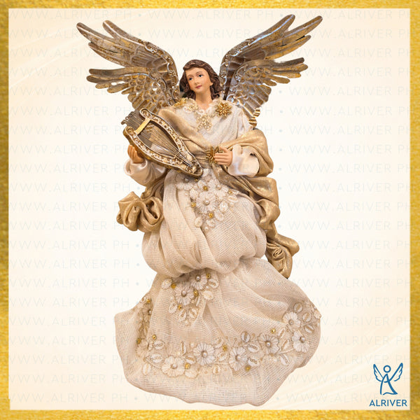 14" DIVINA CHRISTMAS  ANGEL WITH LYRE, BEIGE NATURAL