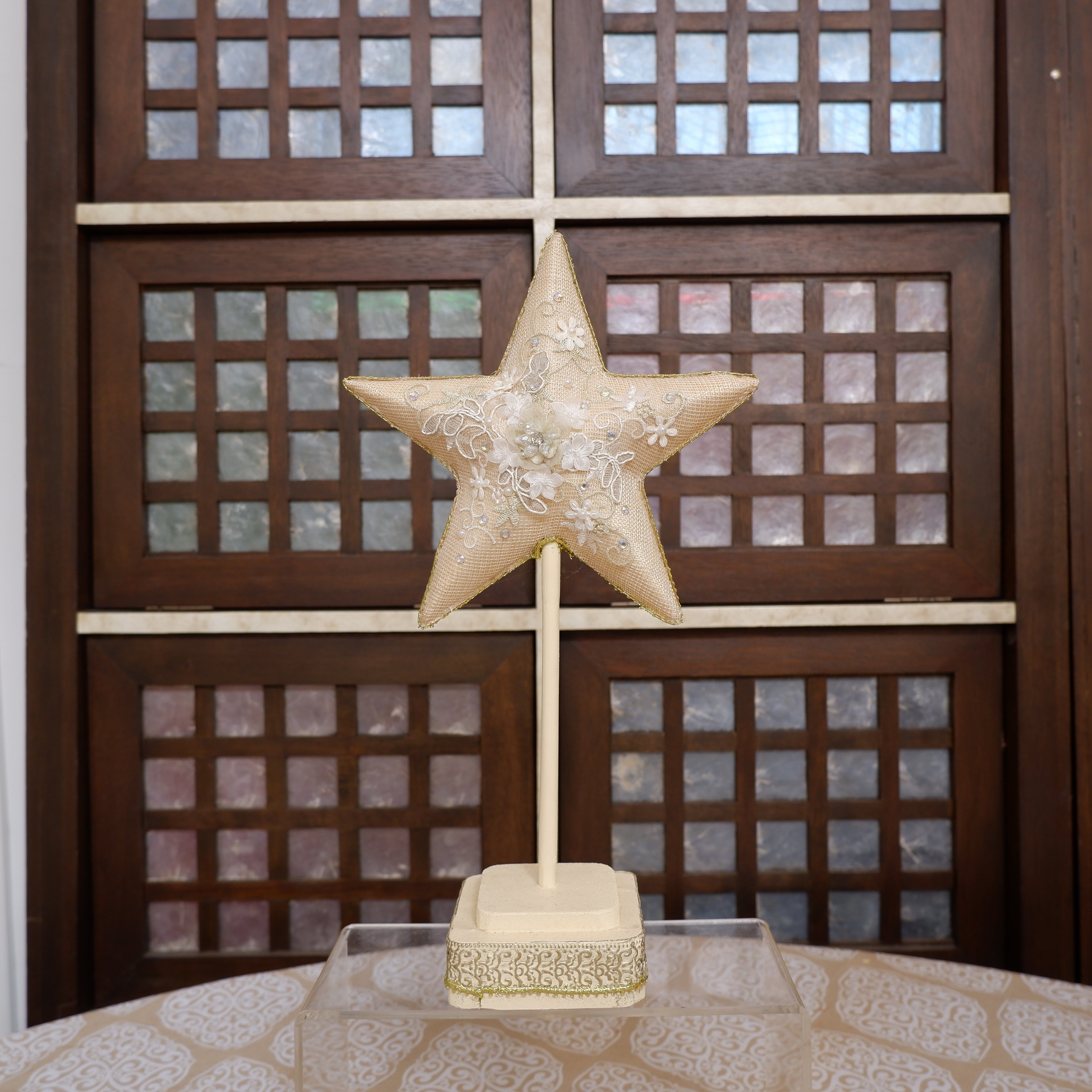 Paper Mache Star with Base, Beige (S)