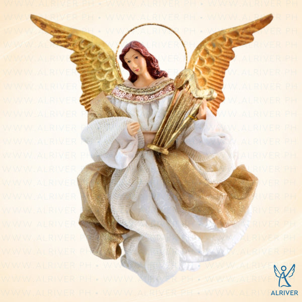 10" Elana Flying Angel with  Lyre, Beige Gold