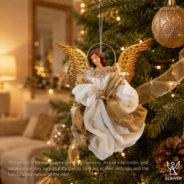 10" Elana Flying Angel with  Lyre, Beige Gold