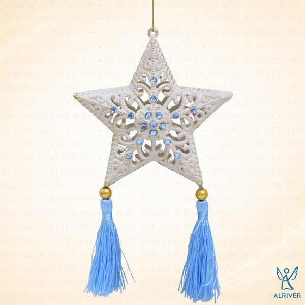 BITUIN BLUE WHITE HANGING WHIMSICAL STAR WITH BLUE TASSEL, ORNAMENT