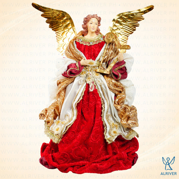 14" Elora Standing Angel with Harp, Beige Burgundy