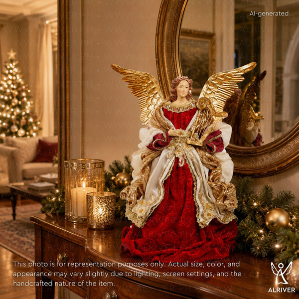 14" Elora Standing Angel with Harp, Beige Burgundy
