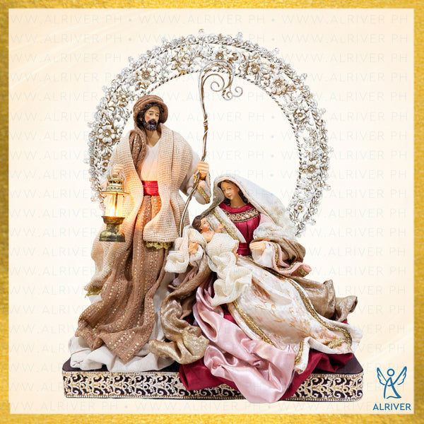 15"H ESPERANZA HOLY FAMILY WITH METAL HALO AND BASE, PINK BURGUNDY GOLD
