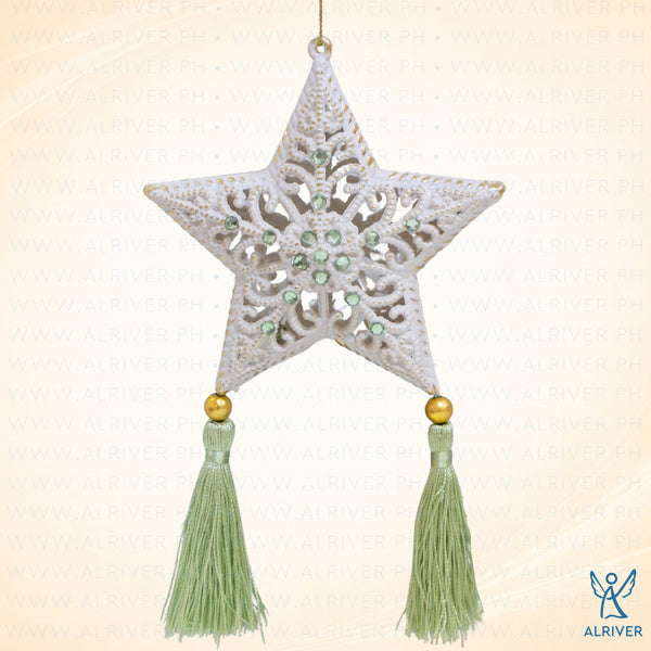 EVERGREEN WHITE HANGING WHIMSICAL STAR WITH TASSEL GREEN, ORNAMENT